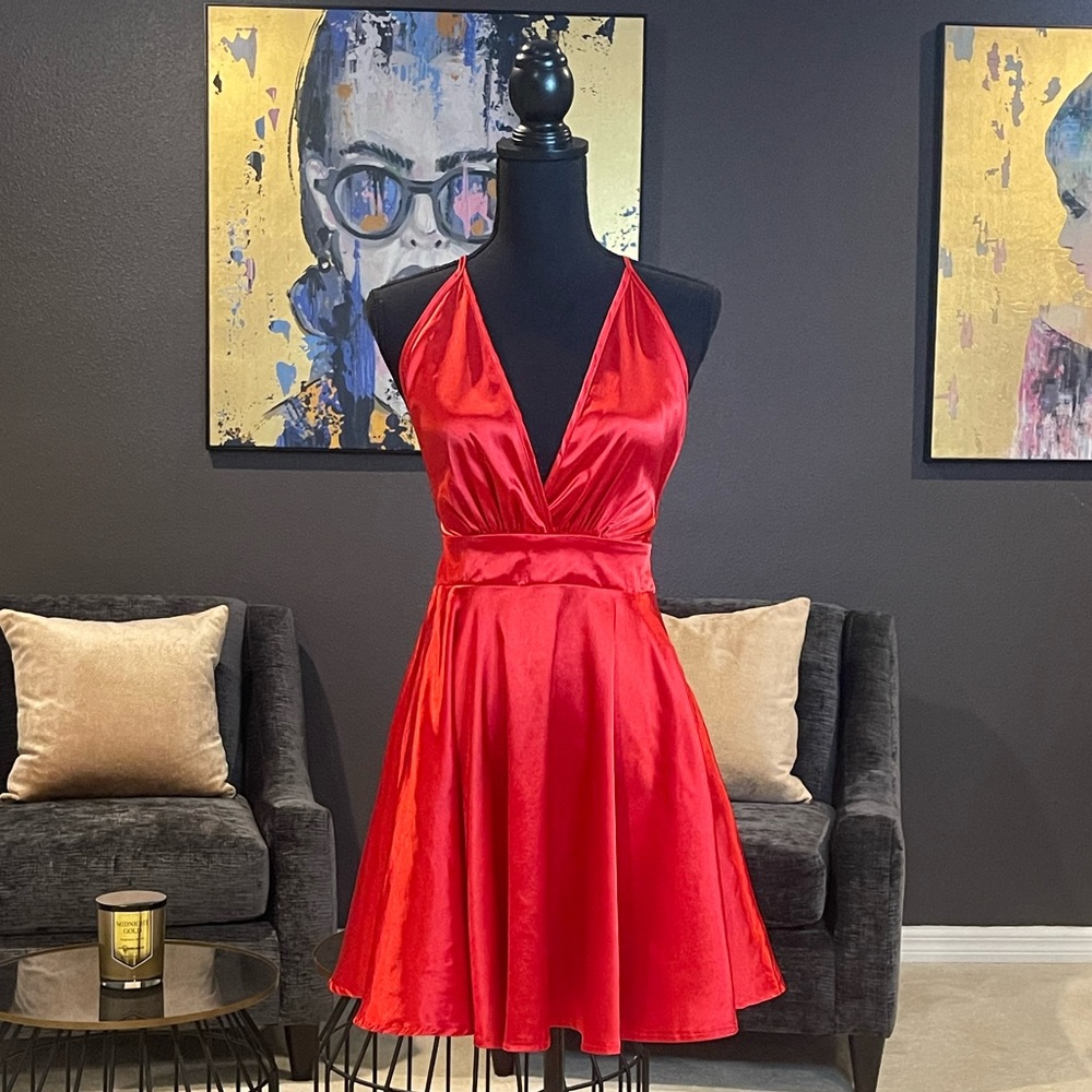 Red satin evening dress